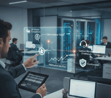 Un consultant homme travaille sur l’intégration technique et l’ajout du schema CB chez un client, prestataire de services de paiement.