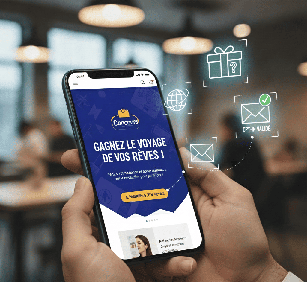 Un client d’une banque tient dans ses mains son smartphone, il vient de recevoir un RCS avec une proposition pour jouer à un jeu concours s’il s’abonne à la newsletter.