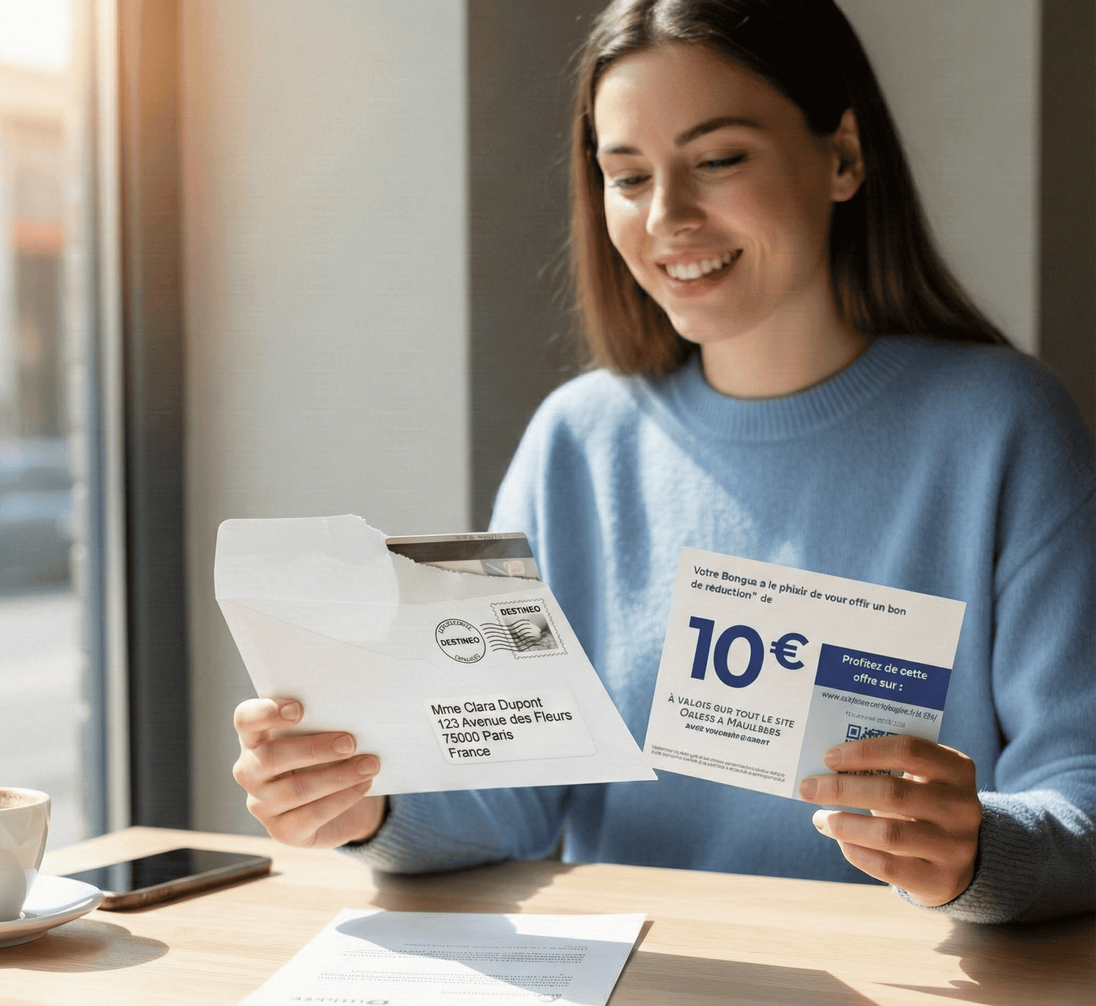Une jeune cliente d’une banque ouvre à son domicile un courrier postal provenant de sa banque, avec sa nouvelle carte bancaire et un bon de réduction de 10 euros sur une e-boutique en cadeau de bienvenue.