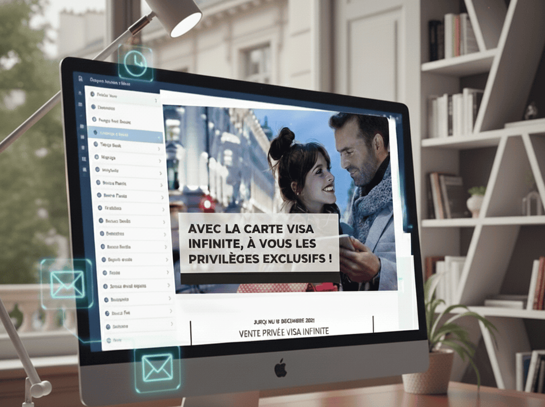 Un ordinateur est ouvert sur la page de la messagerie mail d’un client. Le client voit un email qu’il a reçu de sa banque pour participer à un jeu concours faisant gagner un voyage.