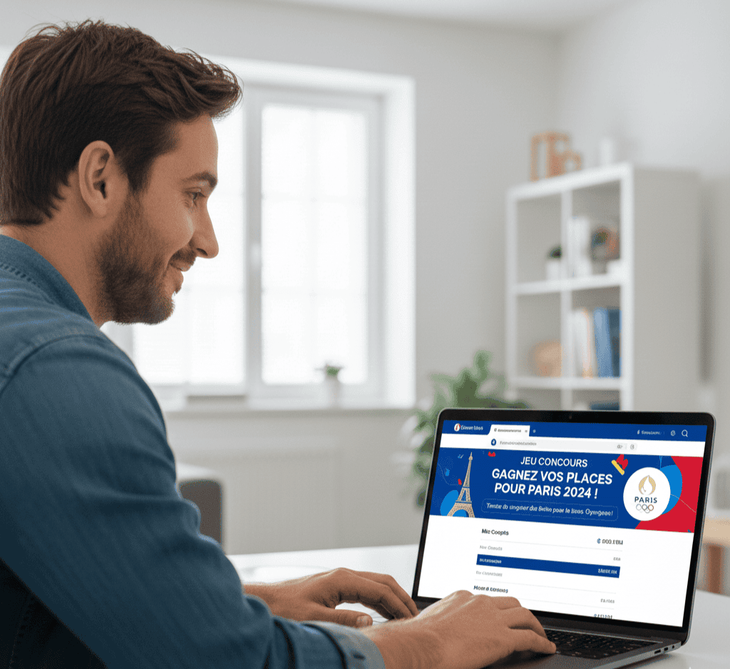 Un jeune client d’une banque est à son domicile, assis à son bureau, devant son ordinateur portable ; il lit un email provenant de sa banque qui lui propose de jouer pour gagner des places aux JO de Paris 2024.