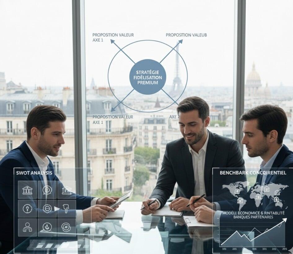 Un consultant et deux autres collaborateurs d’une banque sont assis autour d’une table de réunion, au siège de la banque. Ils travaillent en équipe à définir les objectifs du nouveau programme de fidélisation.