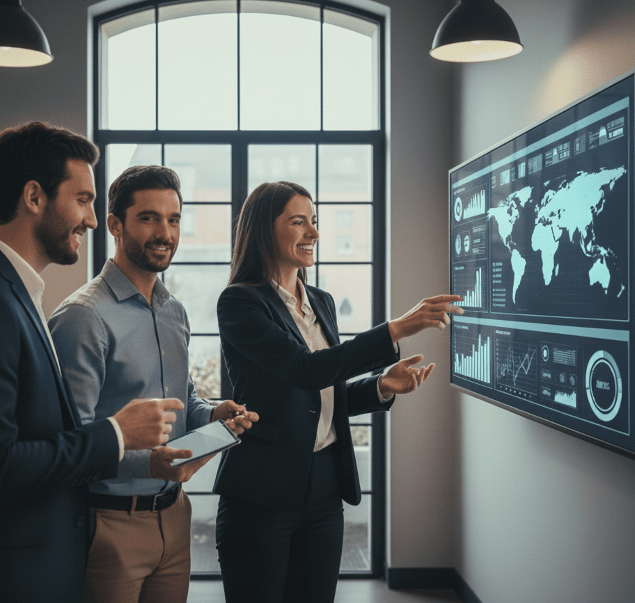 Une consultante projette sur grand écran mural l’étude de marché qu’elle a réalisée. Deux hommes assistent à la présentation.