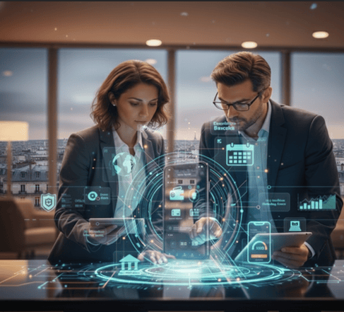 Une consultante senior est en réunion de travail avec un collaborateur de la banque du service IT pour les tests de parcours client.