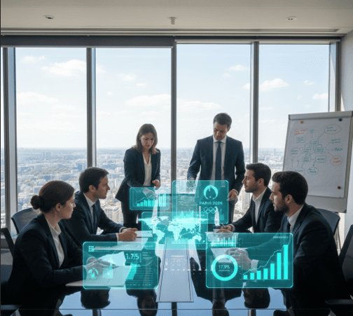 Un groupe de travail est dans une salle de réunion, assis autour d’une grande table, au siège d’un grand groupe bancaire. Un consultant présente à l’assemblée présente sa stratégie marketing.
