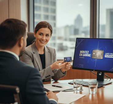 Une conseillère bancaire est dans on bureau en rendez-vous client, elle montre une carte bancaire et sur son écran d’ordinateur est mis en avant les avantages de cette carte premium.