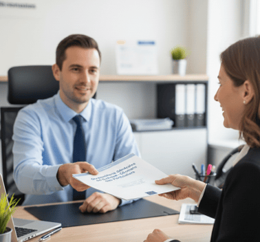 Un conseiller bancaire est en rendez-vous client dans son bureau à l'agence. Il tend à sa cliente une documentation avec les conditions générales de vente de sa carte bancaire.