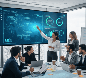 Une consultante est en train de présenter les étapes du projet à l’équipe projet qui est assise autour d’une table en salle de réunion.