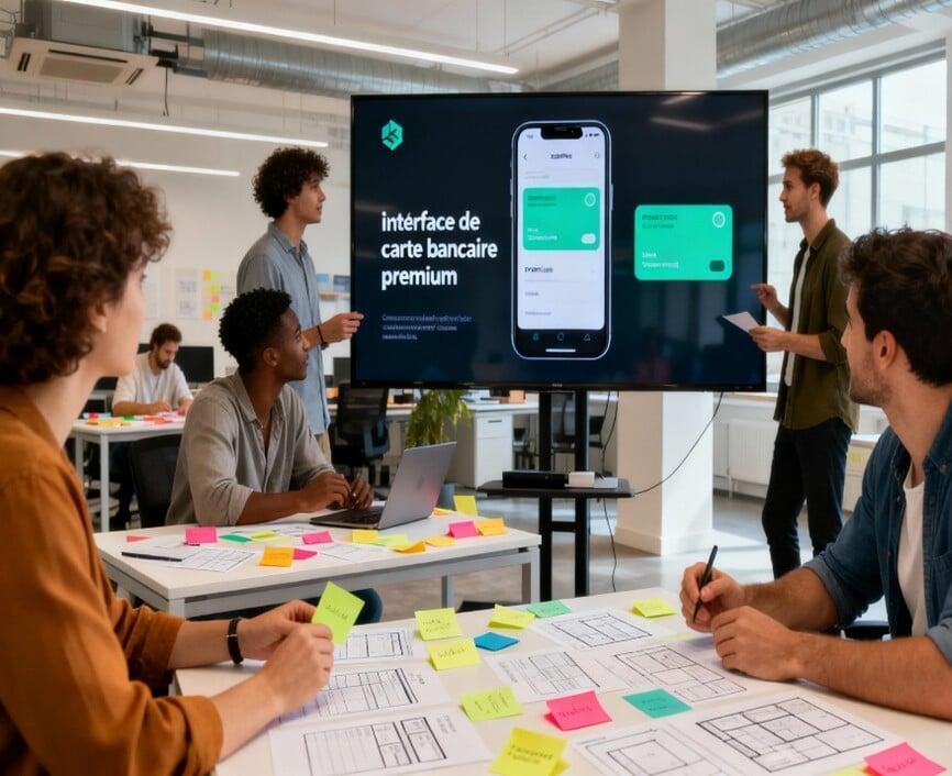 Deux jeunes consultants sont en présentation debout devant un grand écran. Un groupe de collaborateurs écoute, ils sont assis autour de plusieurs tables dans un open space.