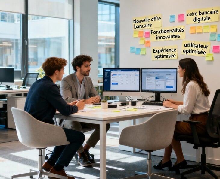 3 consultants, deux jeunes hommes et une jeune femme, sont assis autour d’une table, dans un openspace, et travaillent en équipe projet.